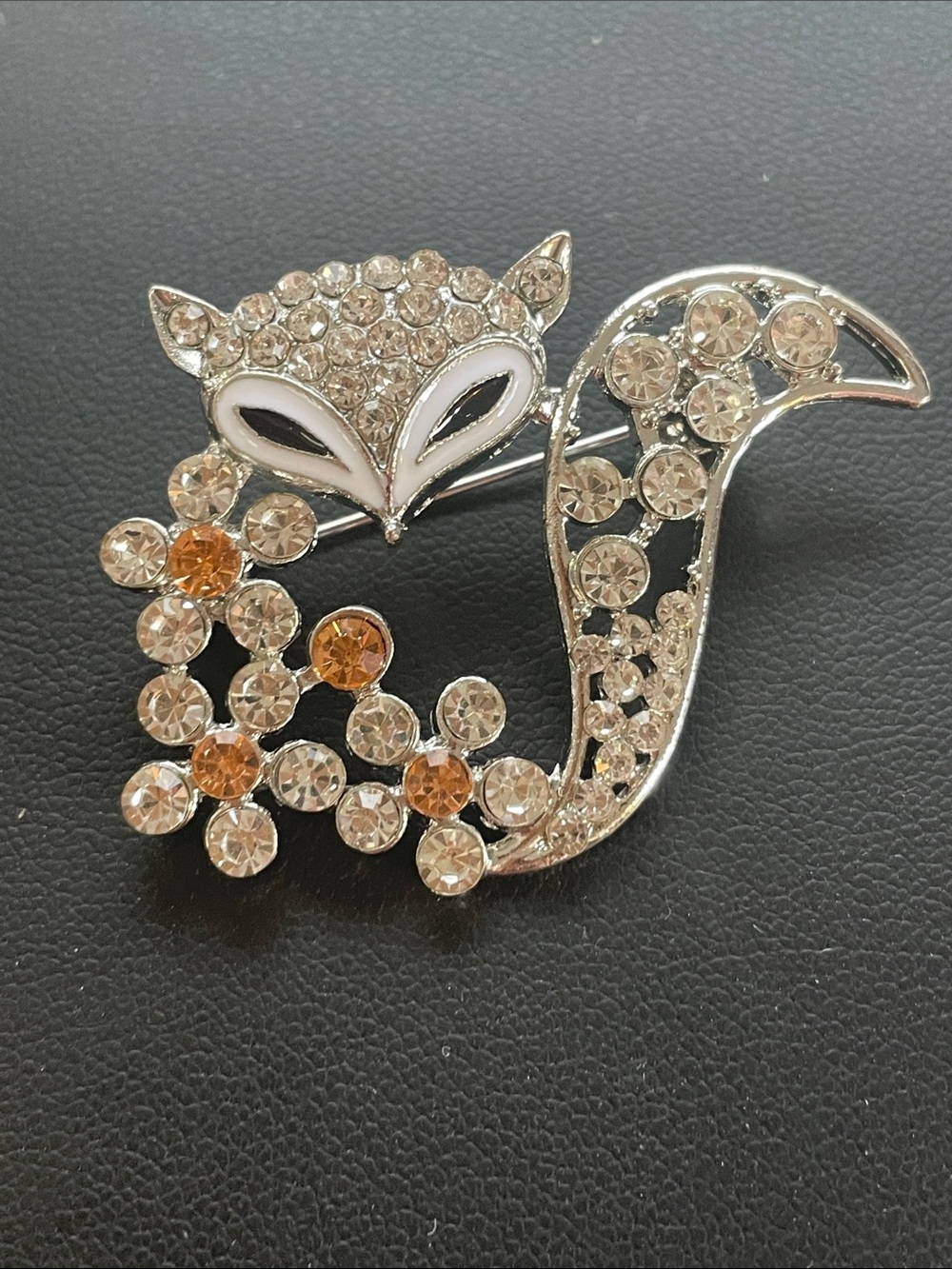 Rhinestone Fox Brooch Pin - Silver with Champagne and White Accents 1.75” New